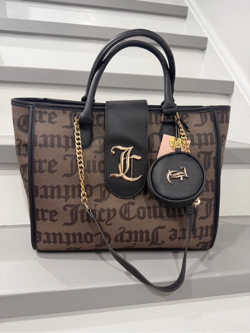 Juicy Couture Brown Logo Tote with Black Trim & Gold Hardware
